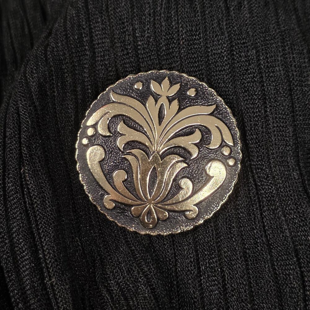 Vintage West Germany Scarf Clip Round Black Silver Floral Damascene Style